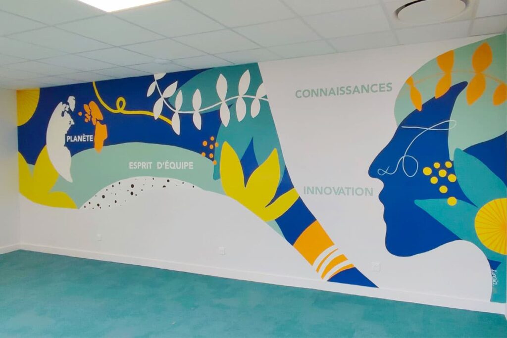 Fresque murale réalisée par l'Atelier Lunaïa dans la salle de réunion et formation, dans les nouveaux locaux de l'entreprise Sensenet Odournet située à Cesson Sévigné (35)