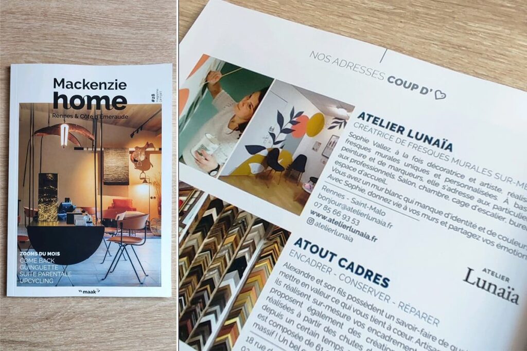 Atelier Lunaïa Coups de Cœur du magazine d'inspirations déco Rennes & Côte d'émeraude (35) pour la création de fresque murale en Ille-et-Vilaine