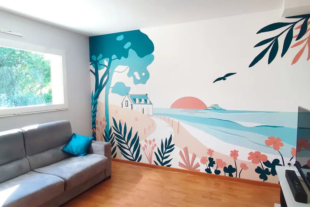 fresque murale en Bretagne réalisée par l'atelier Lunaïa dans un salon à Ploermel (56)