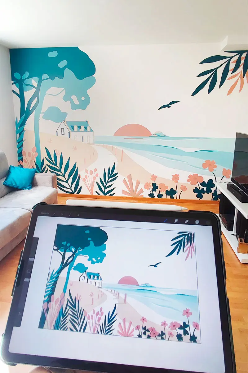 fresque murale en Bretagne réalisée par l'atelier Lunaïa dans un salon à Ploermel (56)