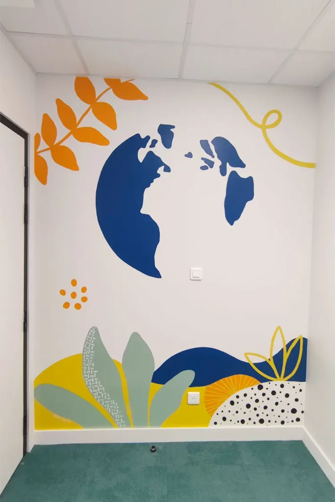 Fresque murale salle de visio dans l'entreprise Odournet- Sensenet à Cesson-Sévigné en Ille et Vilaine (35) | Atelier Lunaïa