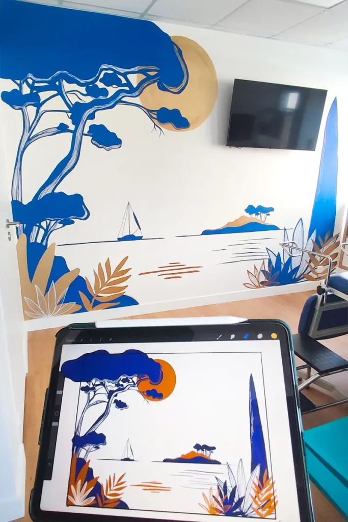 Fresque murale réalisée dans un cabinet médical à Caen : un paysage apaisant pour les patientes - Atelier Lunaïa