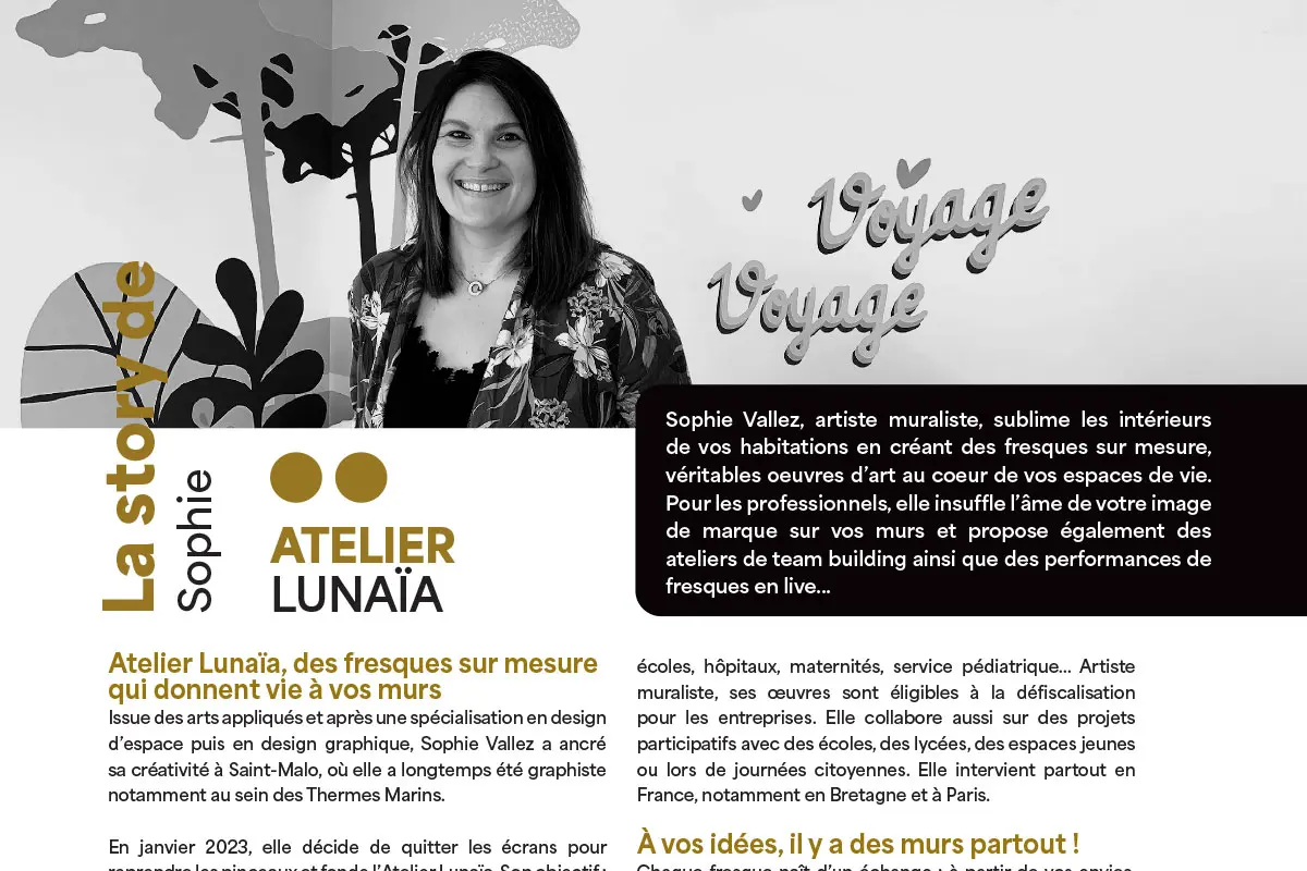 "Portrait de Sophie Vallez, artiste muraliste à Saint-Malo, paru dans l’édition 2025 des Portraits de Saint-Malo