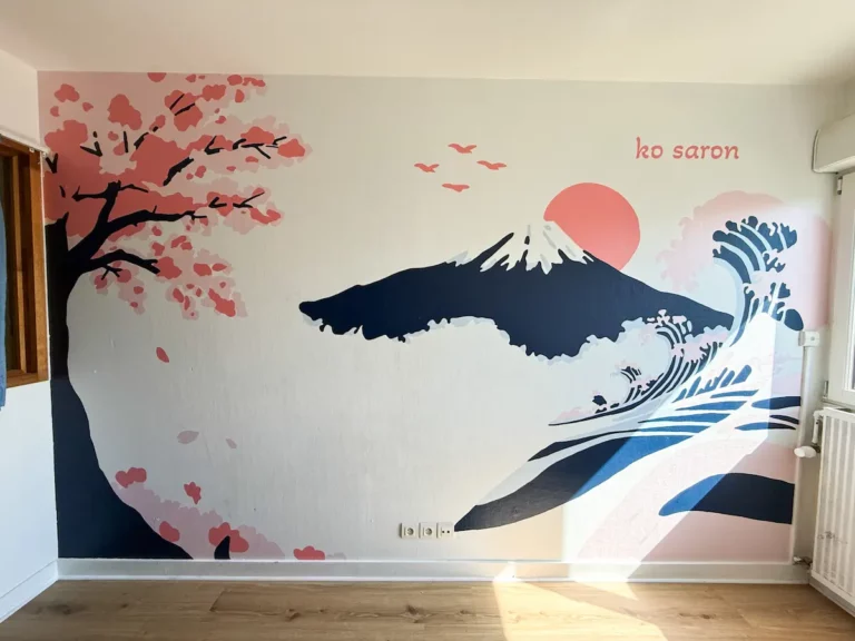 Fresque participative paysage japonais réalisée avec les jeunes à la Maison de l'Enfance du Rheu - Atelier Lunaïa
