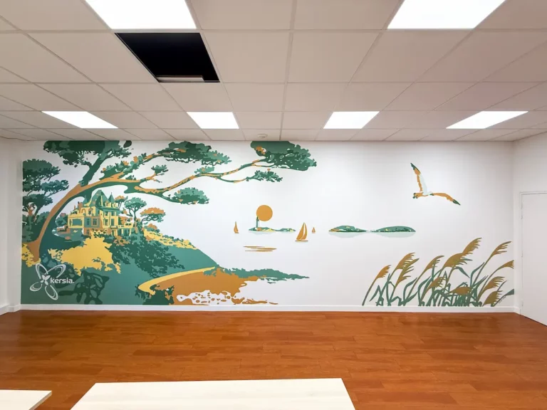 Fresque murale salle de réunion Le Cézembre au siège de l'entreprise Kersia à Dinard - Atelier Lunaïa