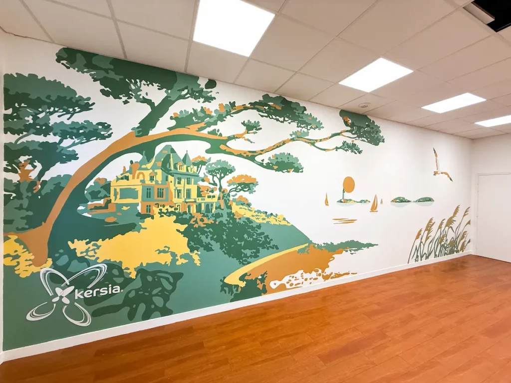 Fresque murale salle de réunion Le Cézembre au siège de l'entreprise Kersia à Dinard - Atelier Lunaïa